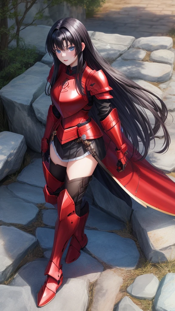 Anime, 18 year old girl, {perfect face}, {reddish lips}, {black hair}, {blue eyes}, {{full body}}, {full red armor} 