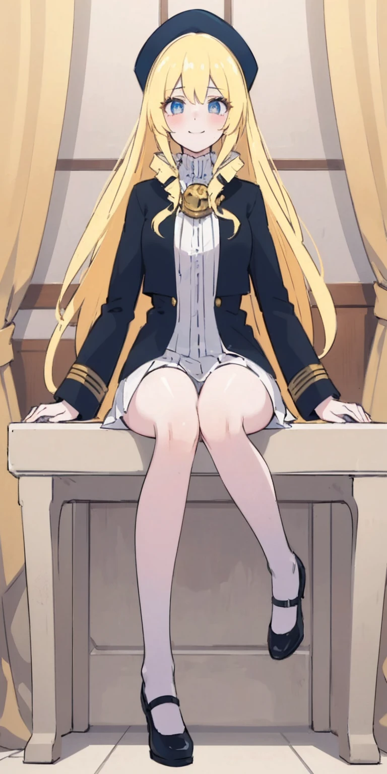 (4k, ultra high resolution, Prominence in Masterpiece, High Quality, Best Quality: 1.2) full body, 1 female, solo, 1girl, 1woman, lustful smirking smile blush, looking at viewer, sitting, blonde hair, long hair, (black jacket), beautiful and detailed face, detailed eyes, looking at the viewer (grey theme) close jacket (aesthetic clothing) hands on hips, wide hips, blonde long hair, blonde drill hair, blonde twin drills hair, blue wizard hat, Handcuffs on their hands, With a collar around the neck