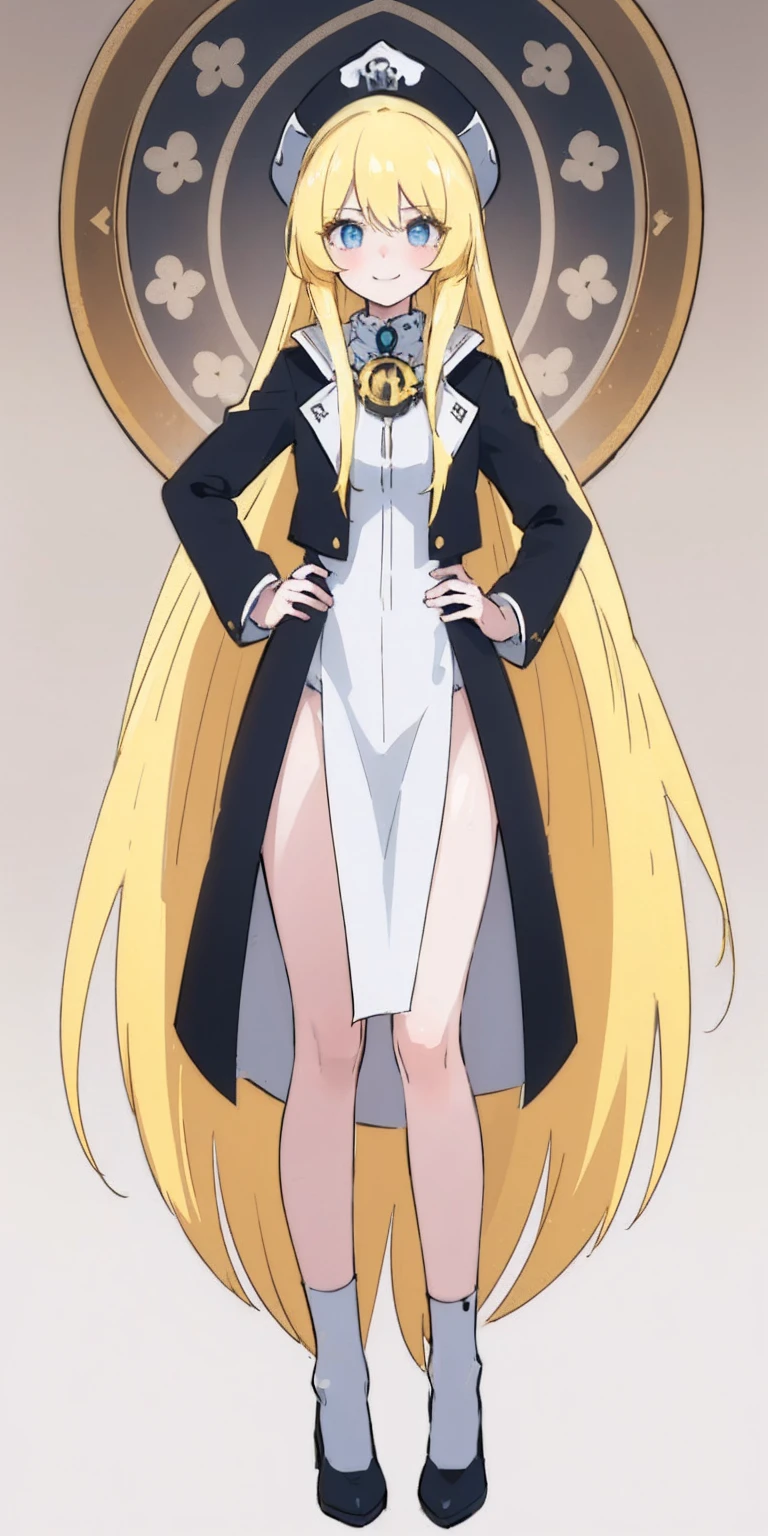 (4k, ultra high resolution, Prominence in Masterpiece, High Quality, Best Quality: 1.2) full body, 1 female, solo, 1girl, 1woman, lustful smirking smile blush, looking at viewer, sitting, blonde hair, long hair, (black jacket), beautiful and detailed face, detailed eyes, looking at the viewer (grey theme) close jacket (aesthetic clothing) hands on hips, wide hips, blonde long hair, blonde drill hair, blonde twin drills hair, blue wizard hat, Handcuffs on their hands, With a collar around the neck