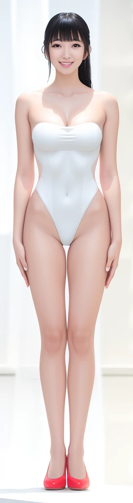 On a white background，A tall and beautiful Chinese girl，with fair skin，Toothy smile，A big smile，When you laugh, Your eyes are crescent-shaped，blunt bangs, long straight hair，Wear a one-piece swimsuit and pumps，Swimsuits are decorated with joyful patterns, Stand up straight，Stand upright，hands on sides，Symmetrical distribution，Ray tracing，All shaded areas，No windows, Soft lighting, Warm light, flood light, n, Studio light, 1.4x Realistic Ultra HD