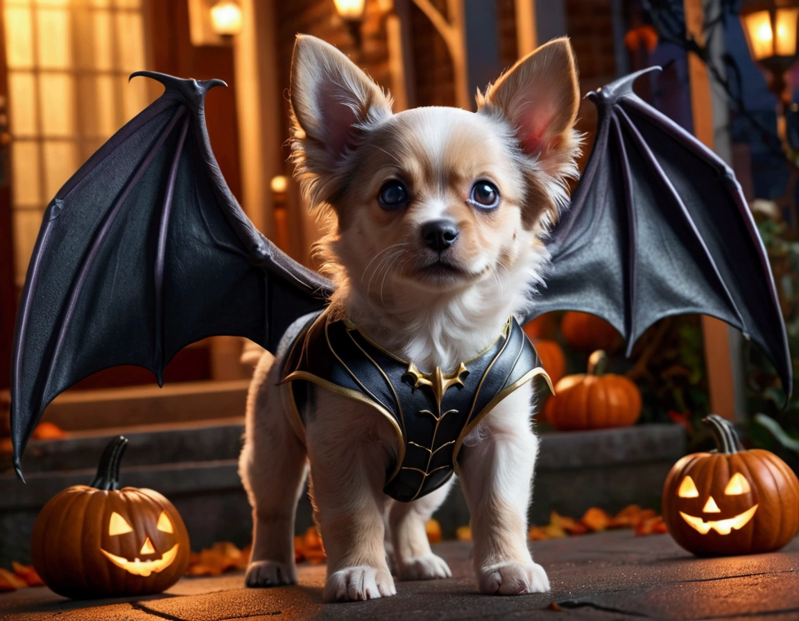 a cute puppy with bat wings, halloween night, chasing a girl in a princess costume, 1 puppy, 1girl, extremely detailed, highly detailed, 8k, photorealistic, realistic lighting, beautiful detailed eyes, beautiful detailed lips, incredible detail, intricate details, ethereal, whimsical, magical, fantasy, moody, atmospheric, dramatic lighting, vibrant colors, rich colors
