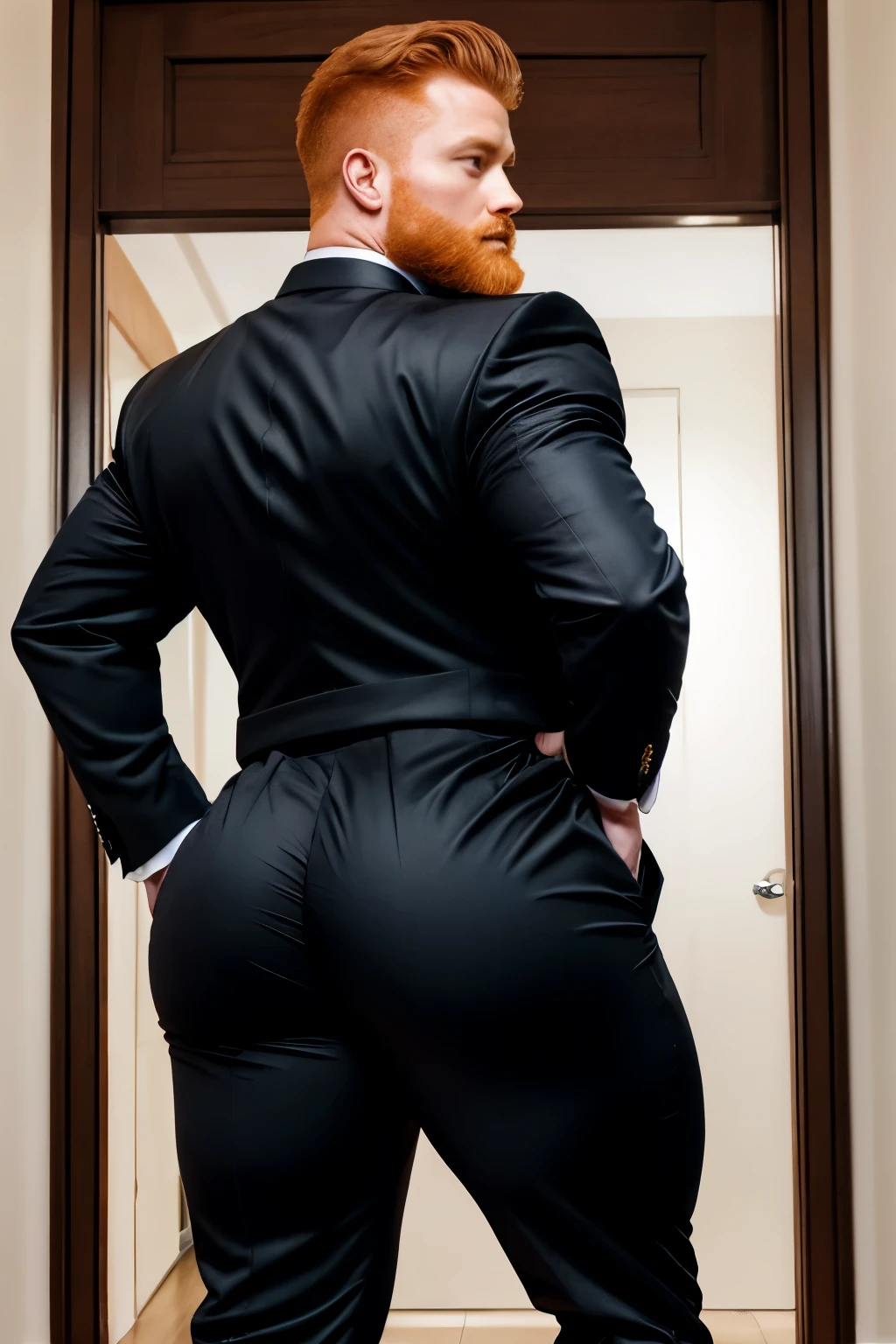 a man view from behind, buttocks is totally naked, middle-aged, dressed in a business suit, the pants are down