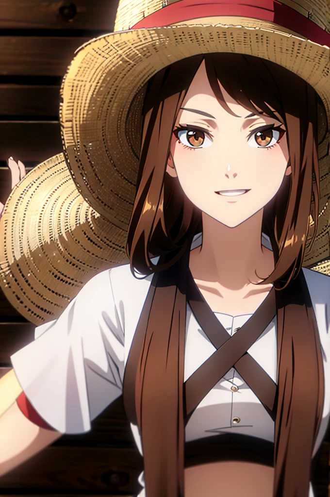 1 female, medium length brown hair, wearing pirate outfit,  wearing straw hat with red band