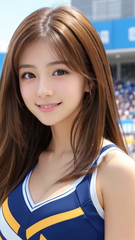 Realistic、Masseter region、Highest quality、High resolution、RAW Photos、Realistic、Bright lighting、Face Light、Smooth Professional Lighting、Japanese women、Beautiful woman、Modeled、gravure、sexy、so beautiful、Realisticで美しい肌、Beautiful and detailed、Detailed face、slim、Large Breasts、Cleavage、Long Hair、Brunette Hair、Brown eyes、Looking into the camera、Cheerleader、Cheerleader、Cheerleader、smile