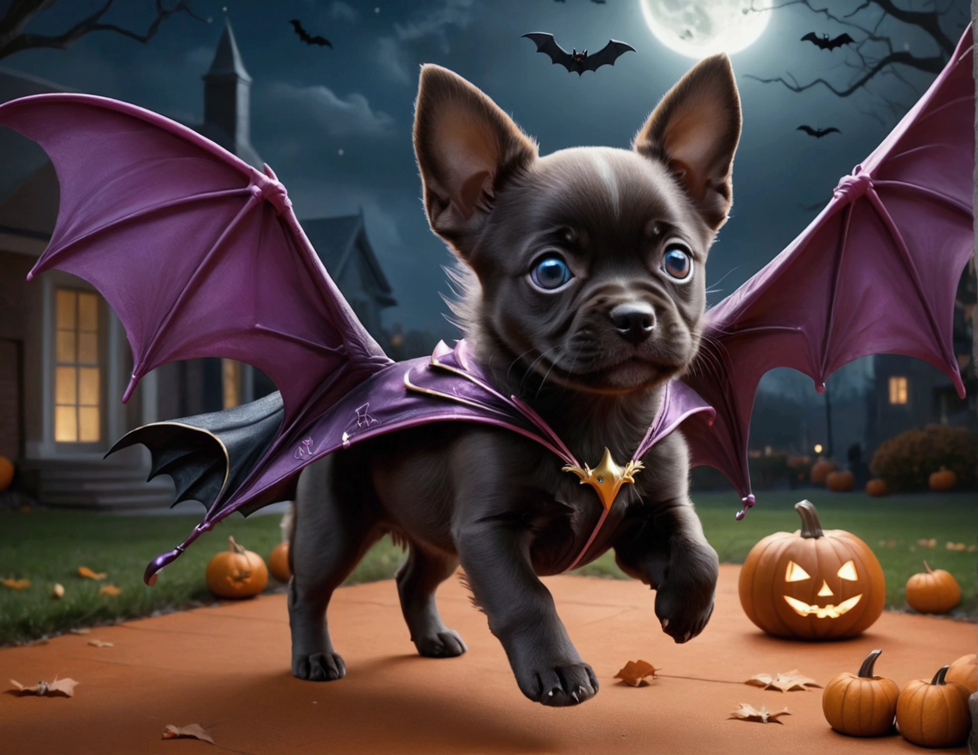 a cute puppy with bat wings, halloween night, chasing a girl in a princess costume, 1 puppy, 1girl, extremely detailed, highly detailed, 8k, photorealistic, realistic lighting, beautiful detailed eyes, beautiful detailed lips, incredible detail, intricate details, ethereal, whimsical, magical, fantasy, moody, atmospheric, dramatic lighting, vibrant colors, rich colors

