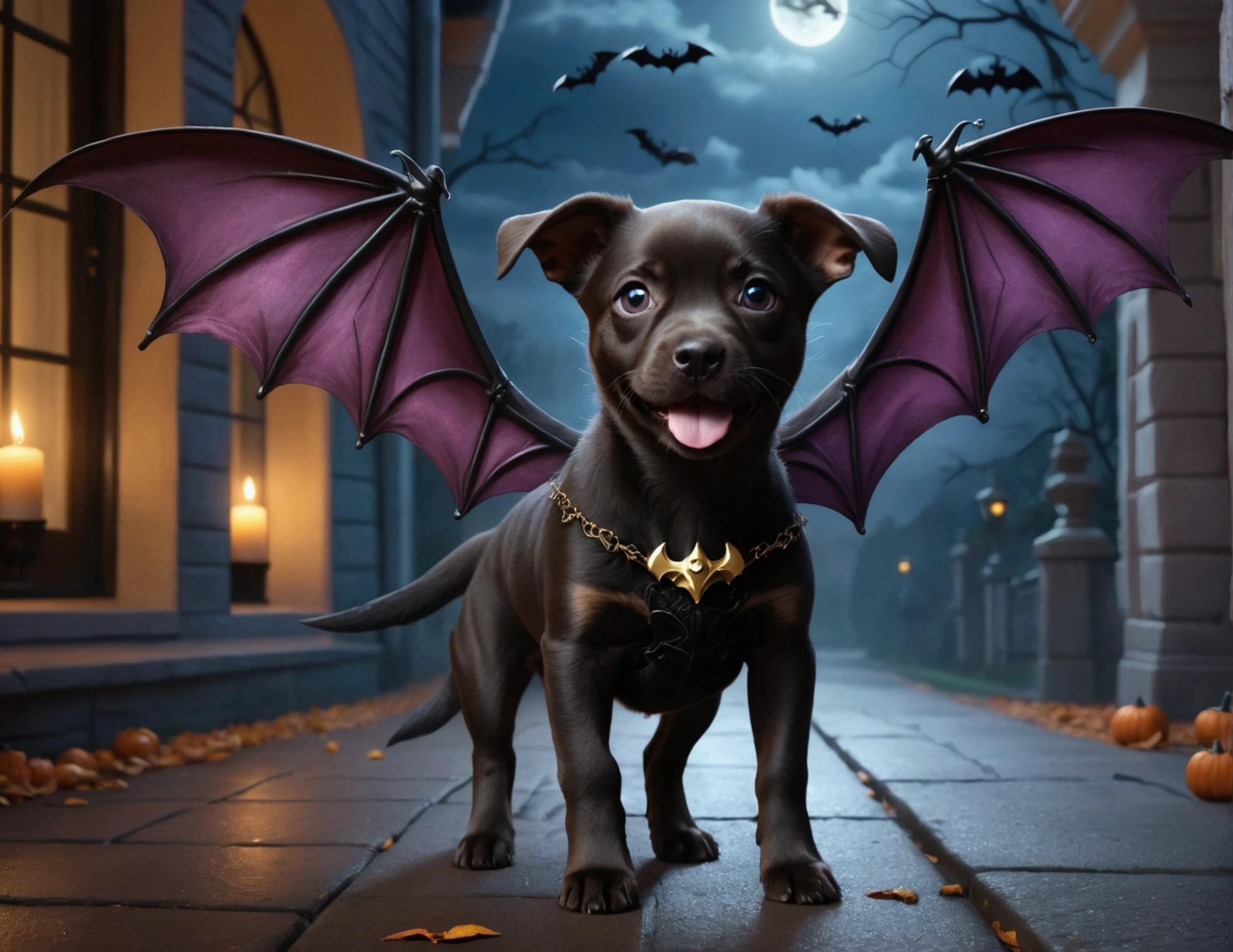 a cute puppy with bat wings, halloween night, chasing a girl in a princess costume, 1 puppy, 1girl, extremely detailed, highly detailed, 8k, photorealistic, realistic lighting, beautiful detailed eyes, beautiful detailed lips, incredible detail, intricate details, ethereal, whimsical, magical, fantasy, moody, atmospheric, dramatic lighting, vibrant colors, rich colors