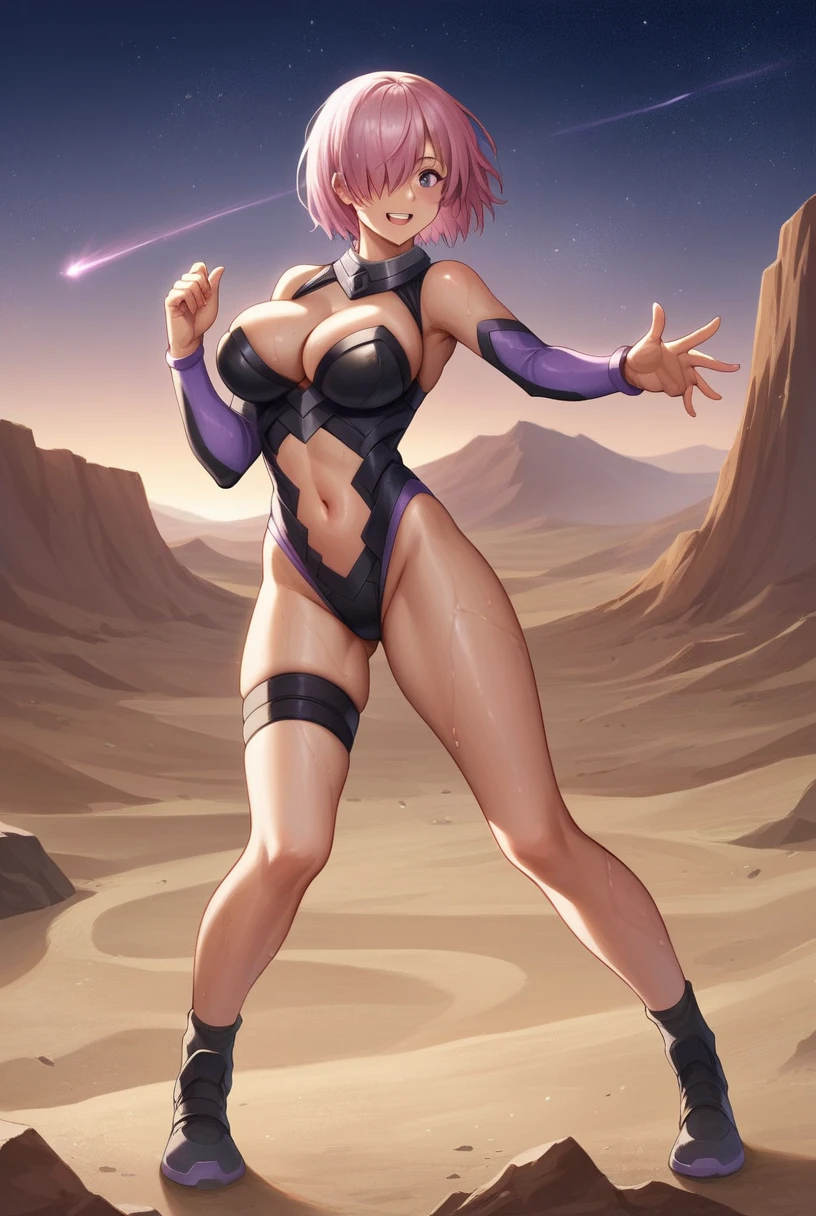 nsfw,score_9, score_8_superior, score_7_superior, sauce_Anime BREAK 1 Girl, alone, View your viewers, Detailed Background, Mash Kyrielight, Pink Hair, Hair on one eye, Super big breasts, Glossy skin,leotard, The chest is exposed,The navel is exposed, Thigh straps, Elbow hand pockets, Cleavage, smile, (Outdoor, night, Dust, desert), From behind, Dynamic pose,Wet with sweat all over the body,Full Body Shot