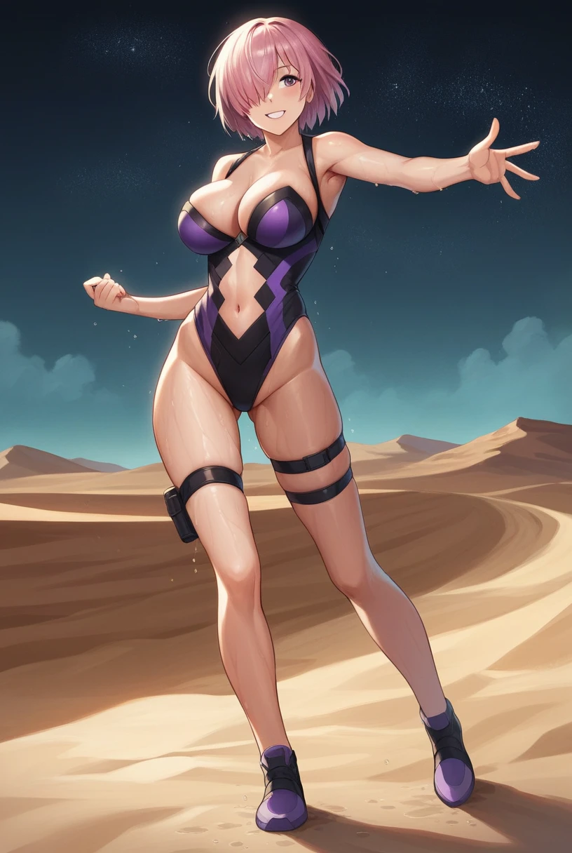 nsfw,score_9, score_8_superior, score_7_superior, sauce_Anime BREAK 1 Girl, alone, View your viewers, Detailed Background,  Mash Kyrielight, Pink Hair, Hair on one eye, Super big breasts, Glossy skin,leotard, The chest is exposed,The navel is exposed, Thigh straps, Elbow hand pockets,  Cleavage, smile, (Outdoor, night, Dust, desert),  From behind, Dynamic pose,Wet with sweat all over the body,Full Body Shot