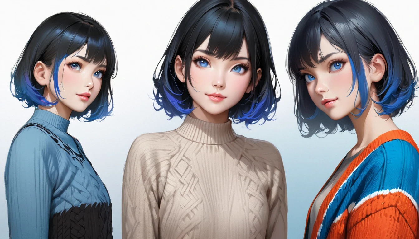 beautiful 1girl, solo, gentle smile on her face flat chest, short hair, black hair, blue eyes, illustrator, anime , realistic ,sketch , 1 girl, ,lip, sweater,order, Blue gradient background, neon hair,Textured trim, Canadian, (masterpiece,Best quality) ganyou