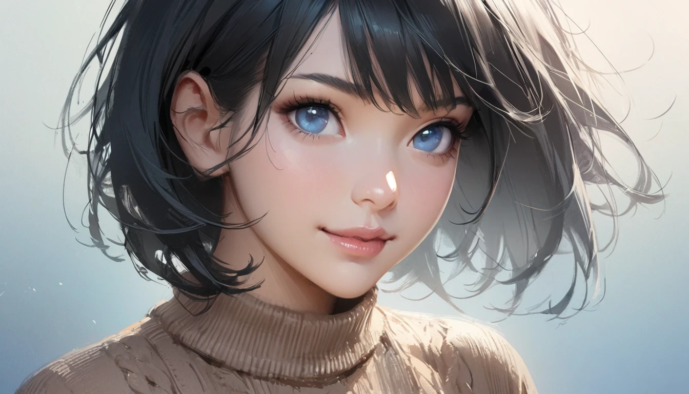 beautiful 1girl, solo, gentle smile on her face flat chest, short hair, black hair, blue eyes, illustrator, anime , realistic ,sketch , 1 girl, ,lip, sweater,order, Blue gradient background, neon hair,Textured trim, Canadian, (masterpiece,Best quality) ganyou
