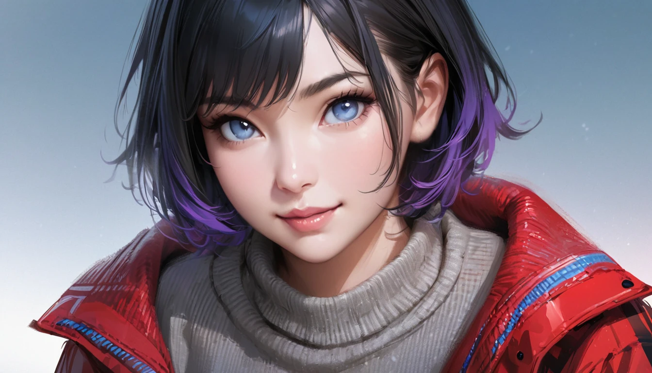 beautiful 1girl, solo, gentle smile on her face flat chest, short hair, black hair, blue eyes, illustrator, anime , realistic ,sketch , 1 girl, ,lip, sweater,order, Blue gradient background, neon hair,Textured trim, Canadian, (masterpiece,Best quality) ganyou