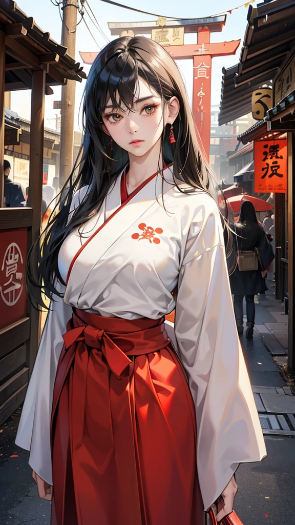 (perfect anatomy:1.2)(absurdres, highres, ultra detailed),masterpiece,best quality,high resolution,8k,Realistic face,Realistic skin texture,magnified textures, stunning clarity,detailed anime girl,(ultra detailed eyes and face),15 years old,black long hair,pale skin,Japanese shrine maiden, mysterious eyes,shrine maiden clothes,(white kimono),(The red long hakama),thin body type,big breasts,,(expressionless:1.2),Steampunk in the Edo Period、(Vivid hieroglyph signs and street advertisements:1.2)、silence、autumn、hieroglyph,souk、Ancient Egyptian statues、Shopping Street,,look at viewer,(from front:1.3),Delicate atmosphere、,cowboy shot,arms down、Looking at the viewer