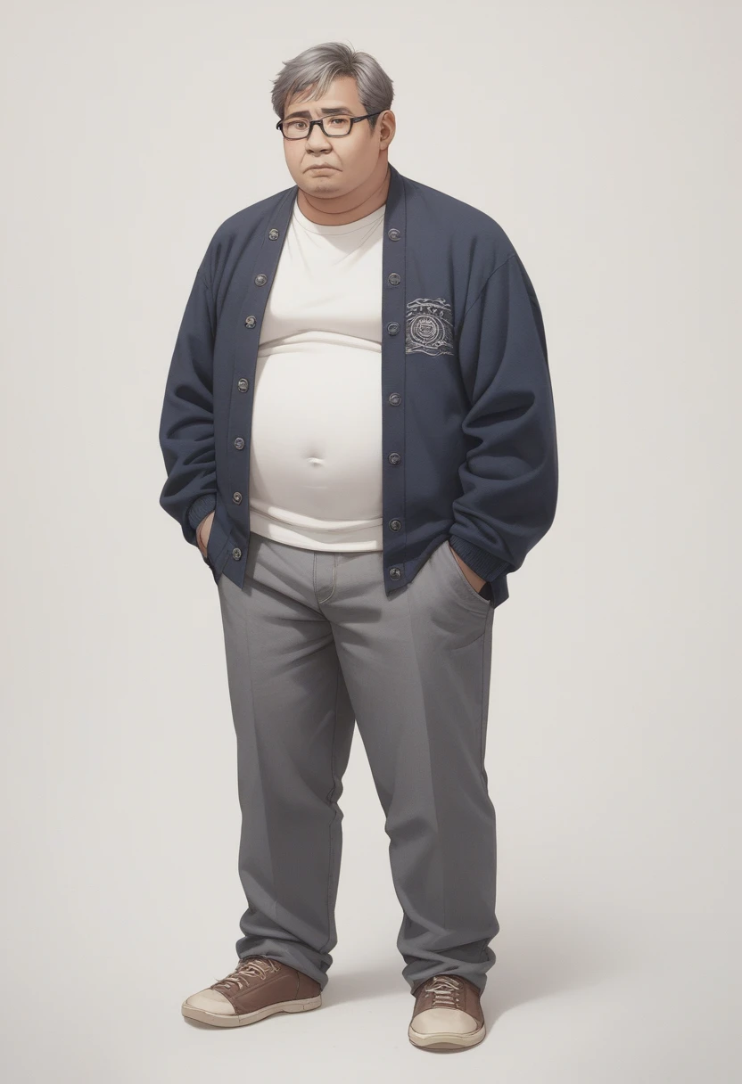 40 years old over、50 years old~Around 60 years old、Middle-aged man、Glasses、Short hairstyle with grey hair、Business Casual、Wear relaxed casual clothing、Wear a jacket or cardigan、A little chubby、Full body portrait