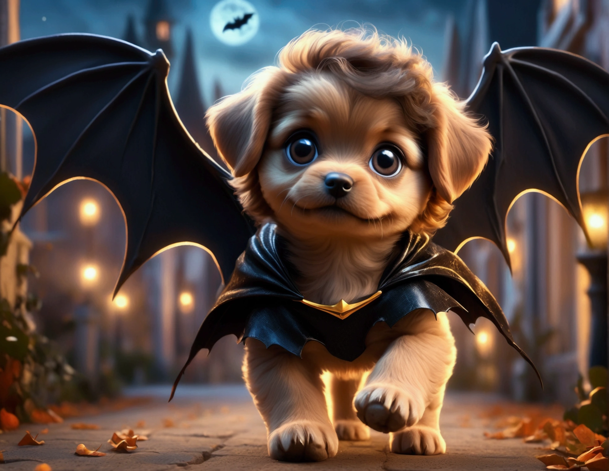a cute puppy with bat wings, halloween night, chasing a girl in a princess costume, 1 puppy, 1girl, extremely detailed, highly detailed, 8k, photorealistic, realistic lighting, beautiful detailed eyes, beautiful detailed lips, incredible detail, intricate details, ethereal, whimsical, magical, fantasy, moody, atmospheric, dramatic lighting, vibrant colors, rich colors