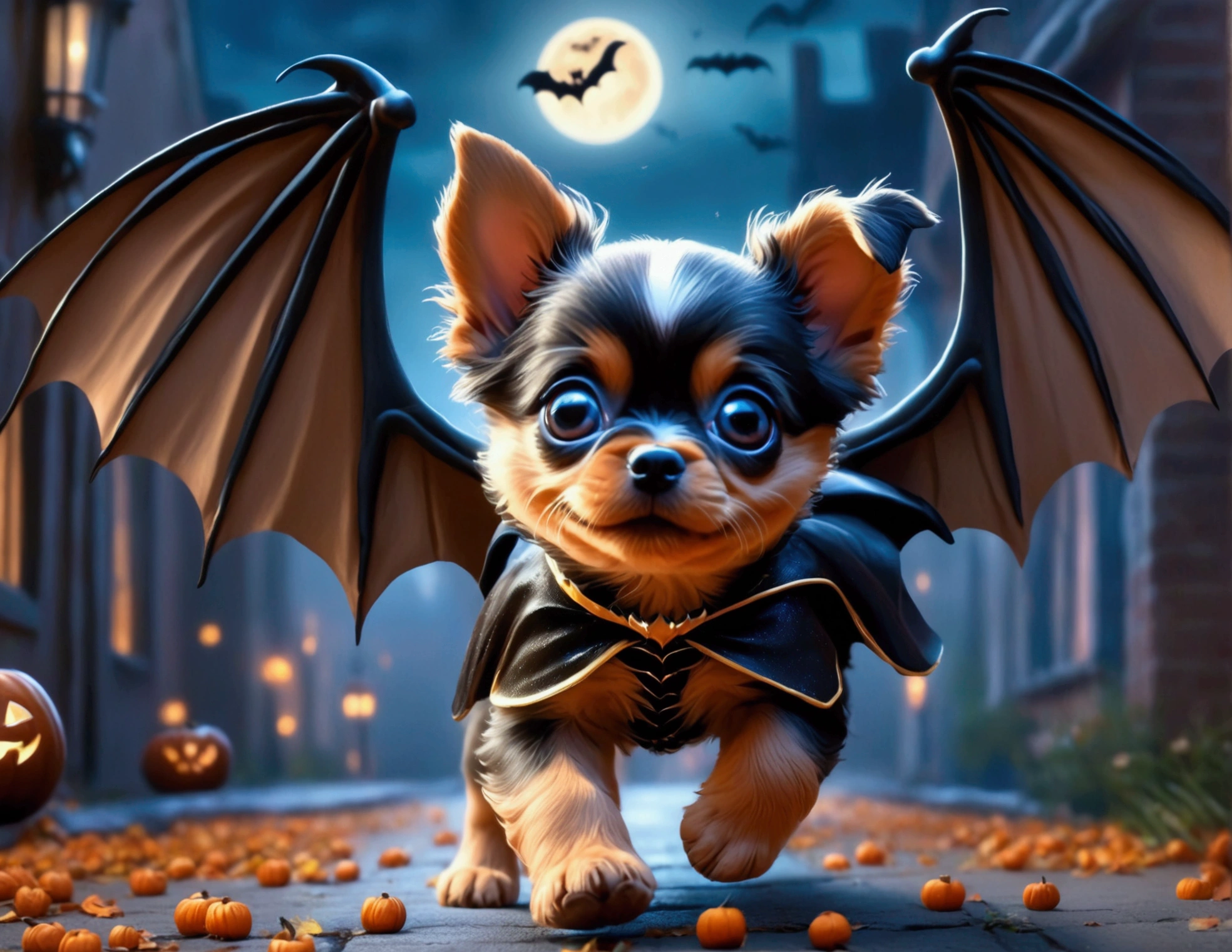 a cute puppy with bat wings, halloween night, chasing a girl in a princess costume, 1 puppy, 1girl, extremely detailed, highly detailed, 8k, photorealistic, realistic lighting, beautiful detailed eyes, beautiful detailed lips, incredible detail, intricate details, ethereal, whimsical, magical, fantasy, moody, atmospheric, dramatic lighting, vibrant colors, rich colors
