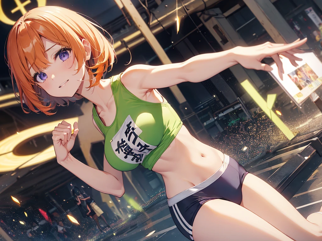 Woman doing muscle training, Elf Ears, Training Gym, Highest quality, Best image quality,Perfect Anatomy,masterpiece,Ultra-detailed,beautiful,super high quality, Highest quality,High resolution, Very detailed,Game CG,Dutch Angle ,beautiful細部までこだわった目,Visual Arts,Five Fingers, Perfect hands,Hide your hands, {{{One Girl}}}, beautiful詳細な***, Game CG, One curl on the outside, Short Bob Hair, Pastel orange hair, Purple eyes, breast enhancement, Medium Shoot, woman, Take-out, Laughter, huge , Pastel green training wear, sportswear, {{{{{Wearing a pastel green tank top}}}}},Open your mouth, wonderful, beautiful細部までこだわった目, Highest quality, Very delicate,Masseter muscle area,Highest quality,(Official Art、Highest quality、Unity 8k wallpaper、32K、masterpiece、Ultra-detailed、超High resolution、Realistic、Photorealistic:1.2)、(Cinema Lighting:1.2)、Fire Glow Effect、The most grainy shadows on the film、Side light、Side Shot、(Ultra-detailedで複雑な3Dレンダリング)、Atelier Series,training, Sweat, Hot body, steam,