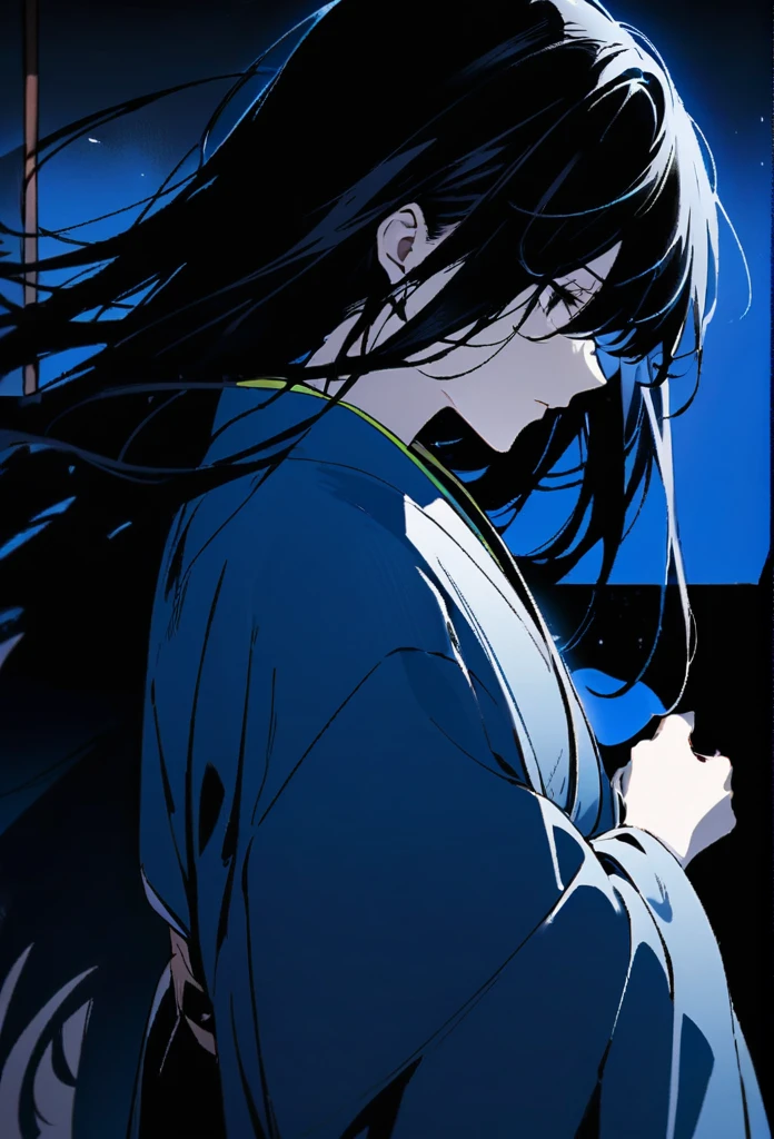 Japanese。male。Sharp black Eye。Very long black hair。profile。Plain blue kimono(Dressed in kimono)。A strong wind blows my hair back。Cover your eyes with hair。The background is blue light。Stand up straight。An illustration。picture。
