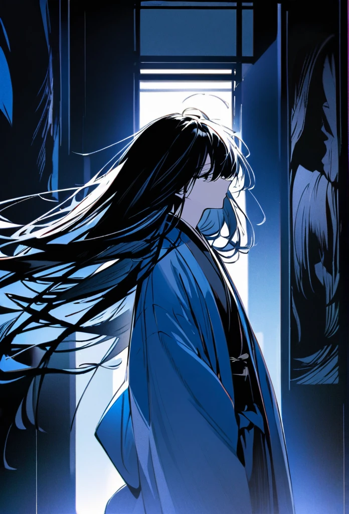 Japanese。male。Sharp black Eye。Very long black hair。profile。Plain blue kimono(Dressed in kimono)。A strong wind blows my hair back。Cover your eyes with hair。The background is blue light。Stand up straight。An illustration。picture。