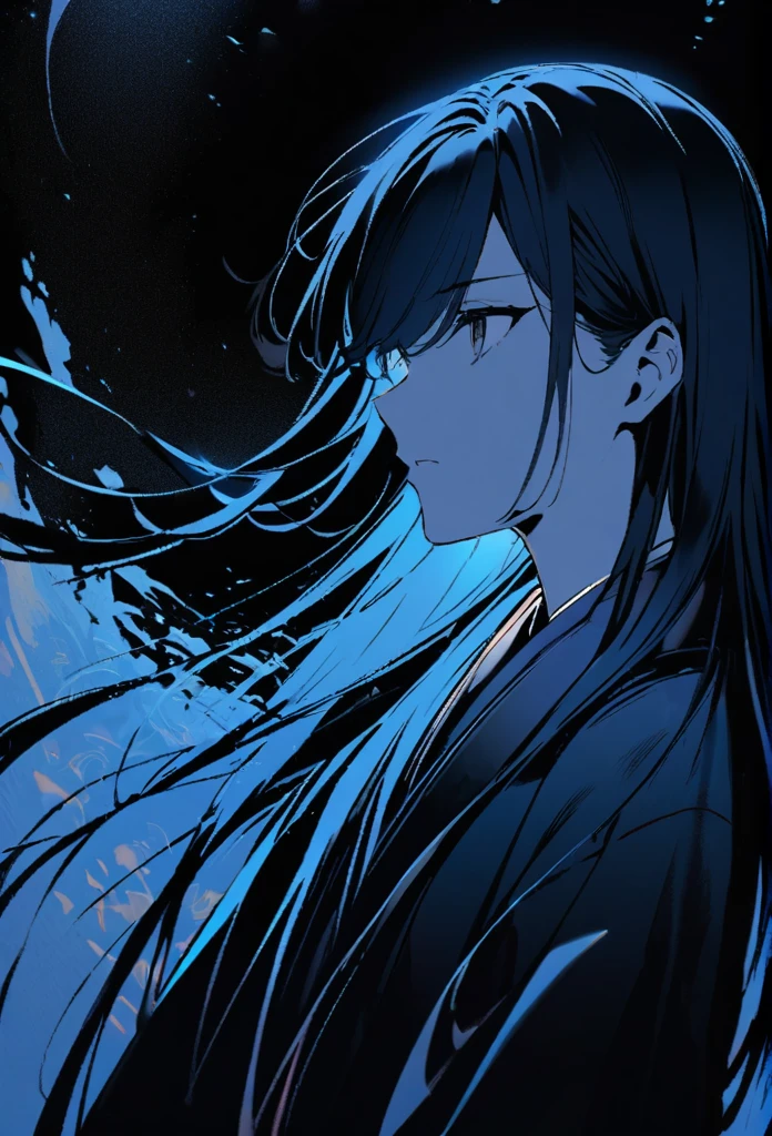 Japanese。male。Sharp black Eye。Very long black hair。profile。Plain blue kimono(Dressed in kimono)。A strong wind blows my hair back。Cover your eyes with hair。The background is blue light。Stand up straight。An illustration。picture。