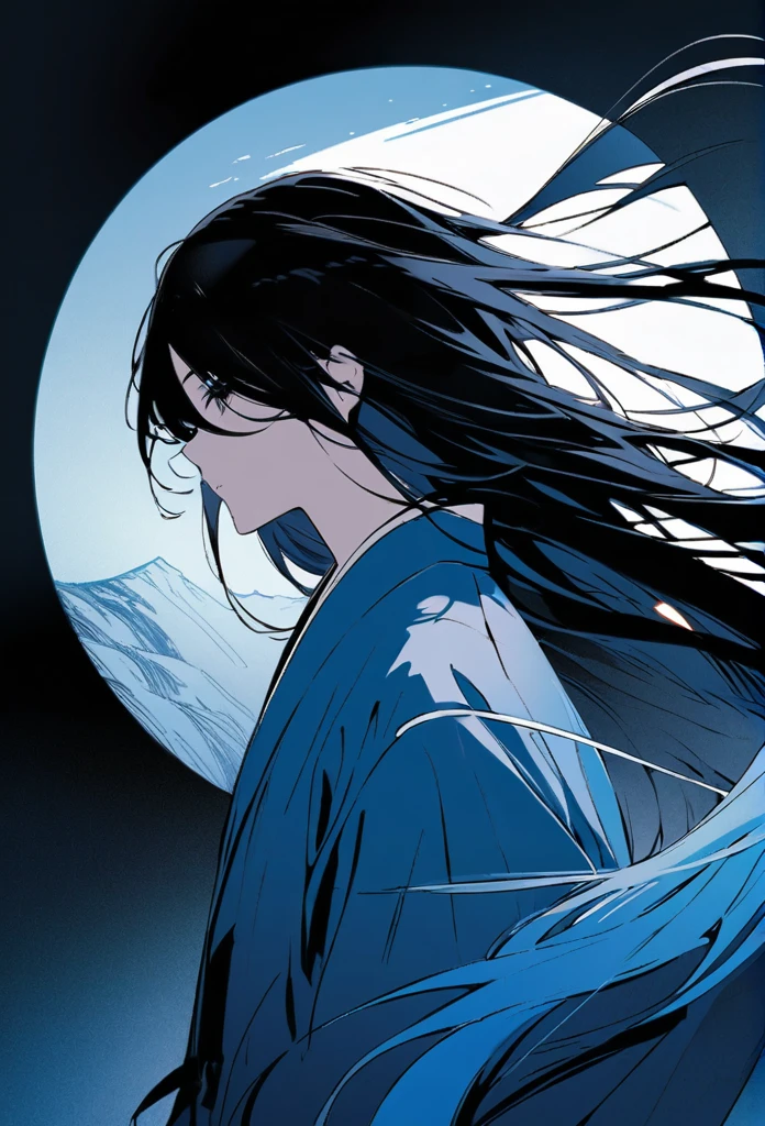 Japanese。male。Sharp　black Eye。Very long black hair。profile。Plain blue kimono(Dressed in kimono)。A strong wind blows my hair back。Cover your eyes with hair。The background is blue light。Stand up straight。An illustration。picture。