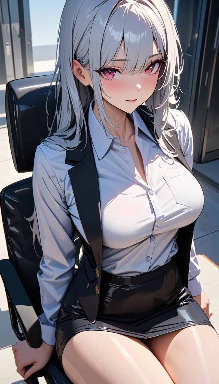modern, Verism, masterpiece, textured skin, super detail, best quality, 4K , A beautiful woman, ((Adult face)), (((Ultra-slender))), Clothing of office workers,Narrow skirt,Jacket,White shirt,Sitting in a chair