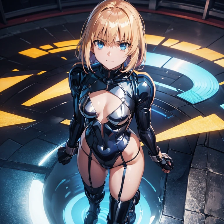 (Highest quality,4K,8k,High resolution,masterpiece:1.2),Super detailed,(Realistic,photoRealistic,photo-Realistic:1.37), A Japanese female fighter with a slim build and small face, cute, 1 girl, 18-year-old, ひざまずくPause, Black super short hair, A tight-fitting combat suit in shiny black with a patent leather finish, Tight suit, gloves, Steel City Background, night lighting, Super detailed, Explicit, Beautiful body, Beautiful Nose, Beautiful character design, Perfect Anatomy, Perfect Eyes, Perfect Face, 超High resolution, 4K, Beautiful feet, Perfect Legs, Nice hands, Perfect hands, masterpiece, Highest quality, Very detailed, figure, Absurd, Street Fighter, Doll Suit, Shadaloo Doll, doll suit, Expressionless, Hollow Eyes, Watching the audience, 赤いgloves, Emotionless, latex, corruption, Mind control, Female Combatant, Full Body, hypnotismにかかった, Unfortunate trance, Full Body suit, Ribbed bodysuit, Arms at your sides, follow, Perfect female body, extremely glossy latex, hypnotism, Hypno Lola, Empty Eyes, Mind control装置, Pauses, Obedient_Pause, Slave, Have, tie, Are standing, Are standing up straight, 注意してAre standing, Have, yellow tie, belt, latex, Ribbed bodysuit, Knee socks, garter belt, Combat Ready, Extend your right arm from your shoulder and reach your hand out into the air., army, Thigh Boots, alone, Classroom of the Elite, ichinose honami, Pink blonde hair, blue eyes, Long Hair, Large Breasts, Wicked Smile, With an evil smile, ((Looking from above)), (masterpiece、Highest quality、最High resolution、clear_image、Detailed explanation、(Looking from above)): (Full body portrait、One 20 year old girl、The Face of Japan、Small face、thin、Super Short Bob Cut Hair、(Hidden Small:1.3)、輝くblue eyes、Blue and white shiny pilot suit、Armor to protect the chest、Tight fitting clothes、Clothing that covers the entire body、Clothes made of thin materials、Shiny clothes、Tight Fit Pants、Hide your skin、Very delicate and beautiful、Detailed skin、hide thighs、Hide your ass、cuteタイプ、A kind smile、Soft look、heroine、headset、Knee-high boots、肘までのgloves、Eye-level shot、Facing forward、Woman on a spaceship), Silicone Skin、so beautiful