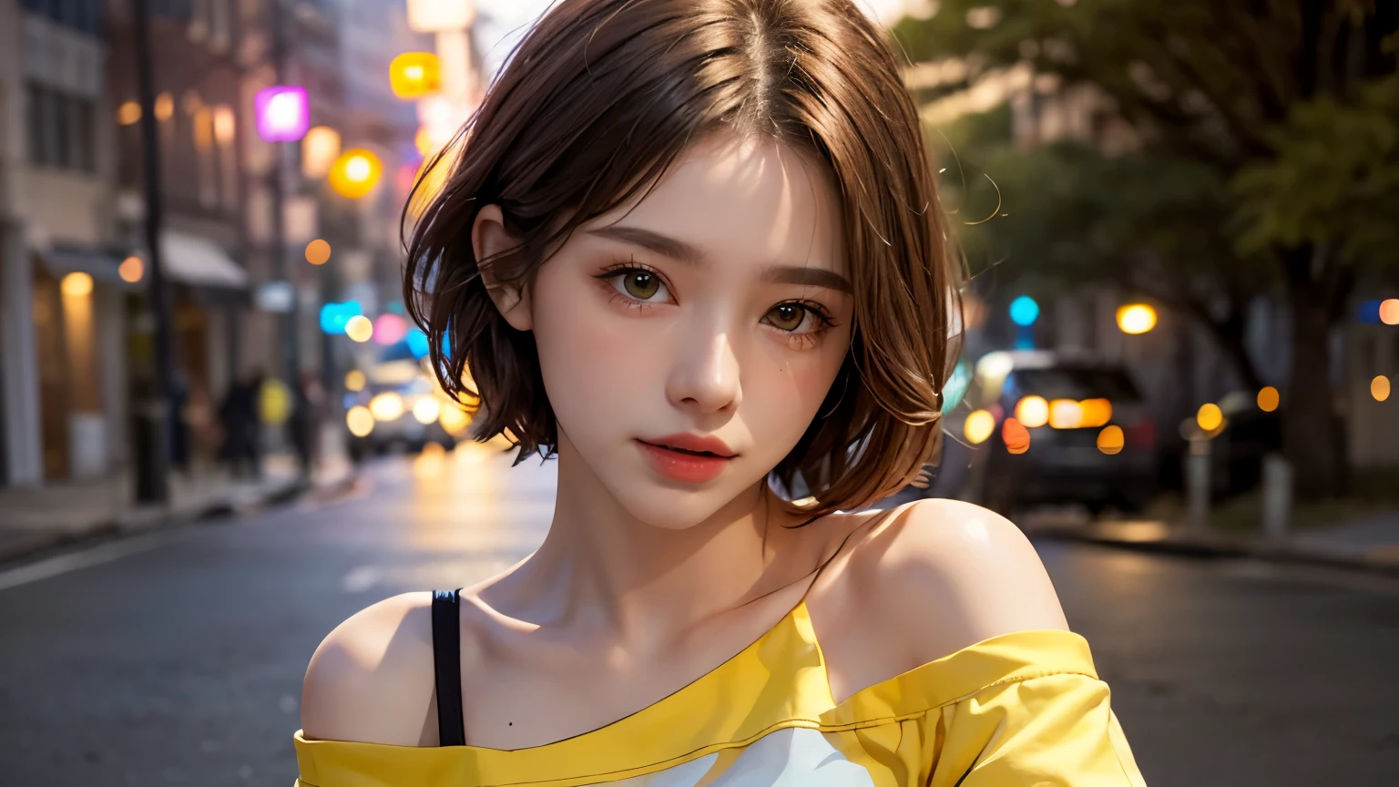 He is colorful, Oversized yellow t-shirt.., Highest quality, masterpiece, Ultra-high resolution, (Realistic:1.4), RAW Photos, One Girl, Off the shoulder, In the Dark, Deep Shadow, Moderate, Night Alley, short hair, roadside, Sitting, 20-year-old,Cute Face, Tight shirt,(head shot:1.5)