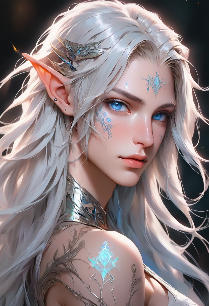 ethereal demonic 25 year old anime guy male druid, with metallic foil print long hair, delicate masterpieceintimate delicate etched glowing rune tattoos, Fabulous full view painting of a winking, beautiful gorgeous elf ((male)) almostkissing, perfect face, blue/black pastel eyes, long white wisp hair, freckles, piercings, foil print neonbody art, laboratory experiment, perfect anatomy, centered, almost perfect, dynamic, very detailed, glowing, artstation, concept art, soft and sharp focus, art by Carne Griffiths and Wadim Kashin, high-definition accent lighting, epic, elven atmosphere, contrasted with vibrant paint colors., futuristic cyborg in the year 2950,