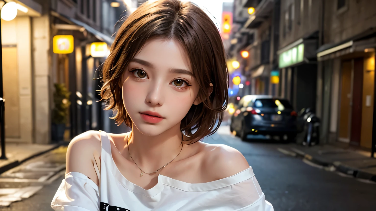 He is colorful, Oversized yellow t-shirt.., Highest quality, masterpiece, Ultra-high resolution, (Realistic:1.4), RAW Photos, One Girl, Off the shoulder, In the Dark, Deep Shadow, Moderate, Night Alley, short hair, roadside, Sitting, 20-year-old,Cute Face, Tight shirt,(head shot:1.5)