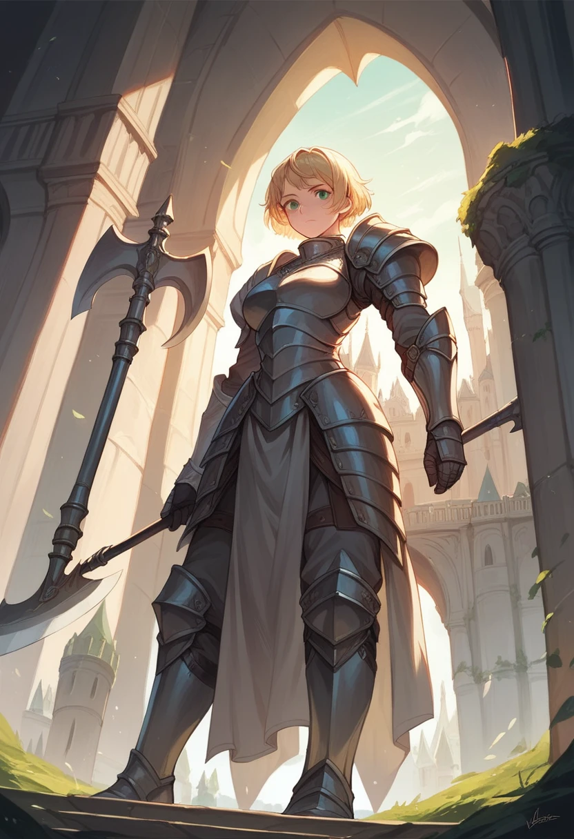 Illustration, detailed illustration, ultra detailed, best quality, dynamic angle, 1girl, lithe, beautiful, short blonde hair, green eyes, light freckles, gray armor, castle, carrying scythe