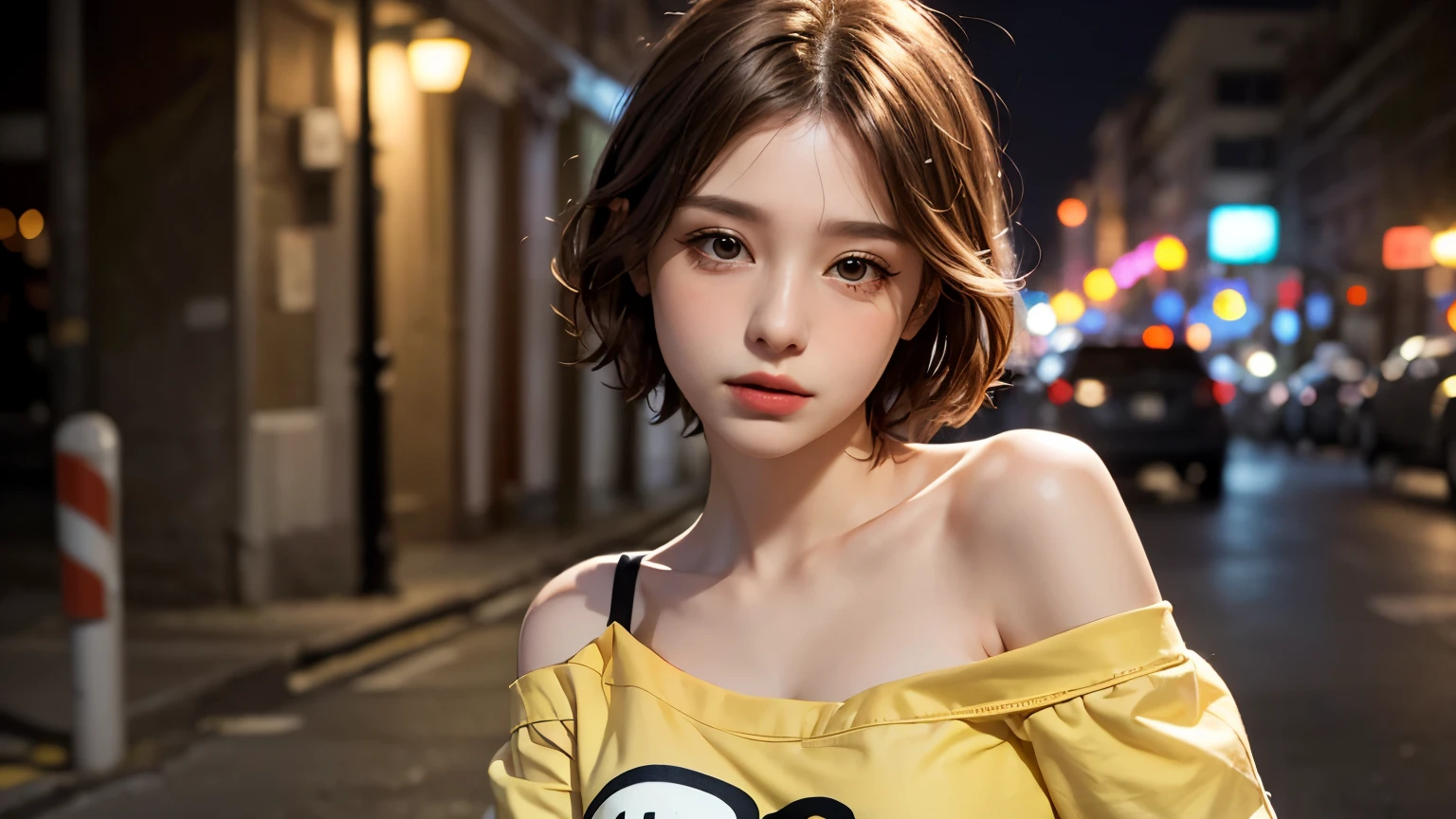 He is colorful, Oversized yellow t-shirt.., Highest quality, masterpiece, Ultra-high resolution, (Realistic:1.4), RAW Photos, One Girl, Off the shoulder, In the Dark, Deep Shadow, Moderate, Night Alley, short hair, roadside, Sitting, 20-year-old,Cute Face, Tight shirt,(head shot:1.5)