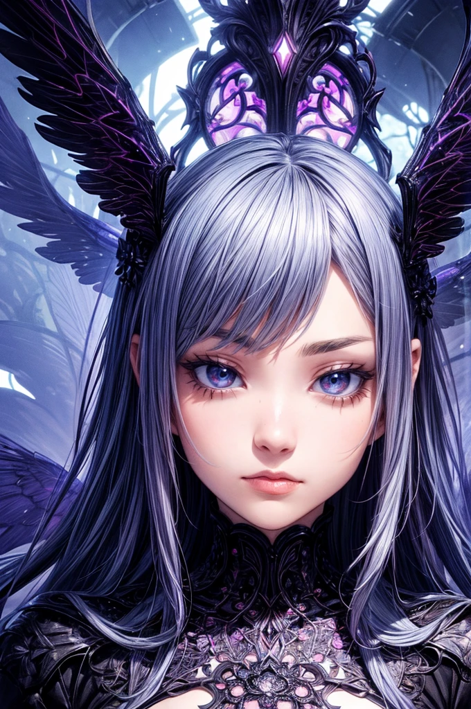 Beautiful flower witch, Futuristic Gothic style, Highly detailed face and body, Anime Style, Realistic, Cinema Lighting, Intricate floral pattern, Mysterious Wings, Dramatic Pose, Moody color palette, Volumetric Light Effects, Ultra-realistic textures, Flamboyant Gothic architecture, Amazing digital art