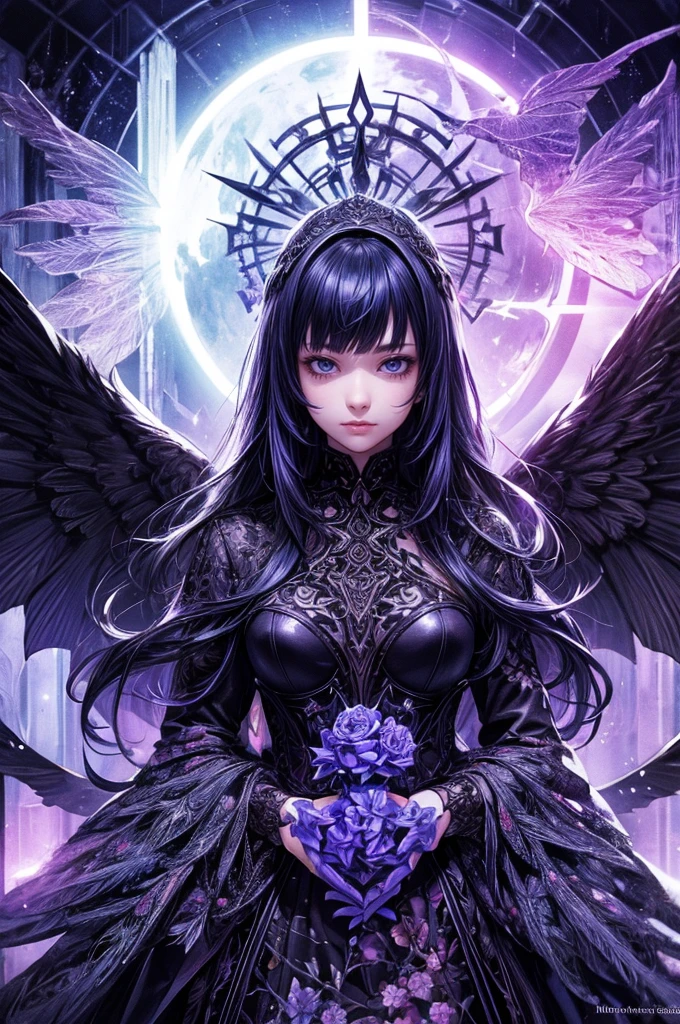 Beautiful flower witch, Futuristic Gothic style, Highly detailed face and body, Anime Style, Realistic, Cinema Lighting, Intricate floral pattern, Mysterious Wings, Dramatic Pose, Moody color palette, Volumetric Light Effects, Ultra-realistic textures, Flamboyant Gothic architecture, Amazing digital art