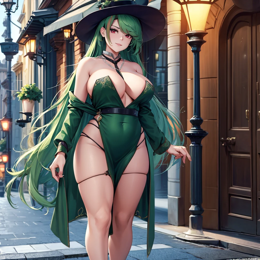 A woman wearing a dark green dress, sophisticated dress, wearing a green madam's hat, long hat, green heels, big breasts, emerald necklace, red eyes, green hair, long hair, red bangs, multicolored hair, walking on a sophisticated sidewalk European, European house in the background, sophisticated lamp post, night place, perfect lighting, European aesthetics..(solo woman) ,UHD , prime work , accurate , anatomically correct , textured skin , super details , high quality , best quality, 8k, high resolution, bokeh effect, close view,
