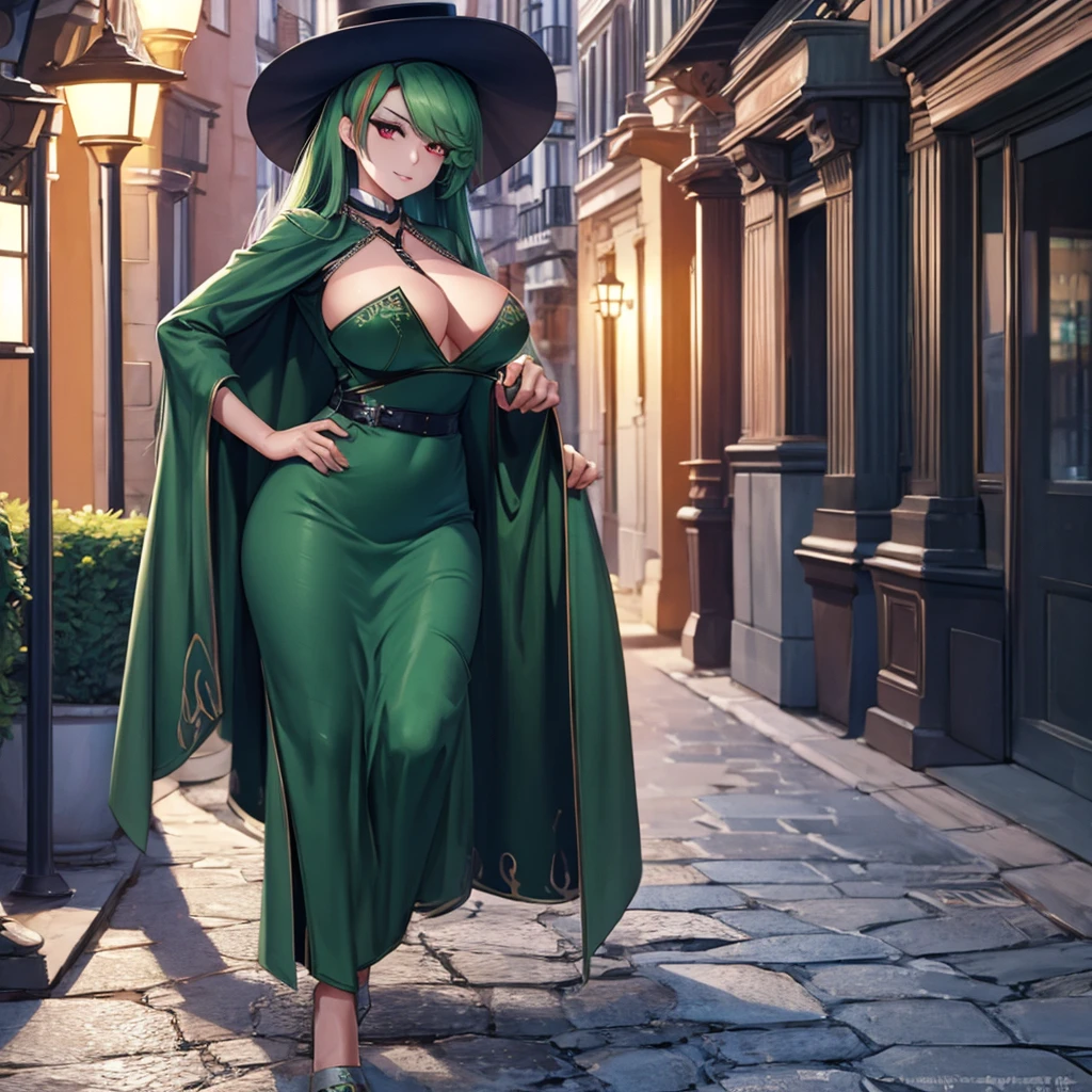 A woman wearing a dark green dress, sophisticated dress, wearing a green madam's hat, long hat, green heels, big breasts, emerald necklace, red eyes, green hair, long hair, red bangs, multicolored hair, walking on a sophisticated sidewalk European, European house in the background, sophisticated lamp post, night place, perfect lighting, European aesthetics..(solo woman) ,UHD , prime work , accurate , anatomically correct , textured skin , super details , high quality , best quality, 8k, high resolution, bokeh effect, close view,