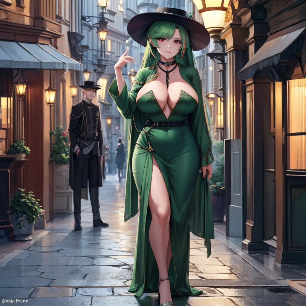 A woman wearing a dark green dress, sophisticated dress, wearing a green madam's hat, long hat, green heels, big breasts, emerald necklace, red eyes, green hair, long hair, red bangs, multicolored hair, walking on a sophisticated sidewalk European, European house in the background, sophisticated lamp post, night place, perfect lighting, European aesthetics..(solo woman) ,UHD , prime work , accurate , anatomically correct , textured skin , super details , high quality , best quality, 8k, high resolution, bokeh effect, close view,