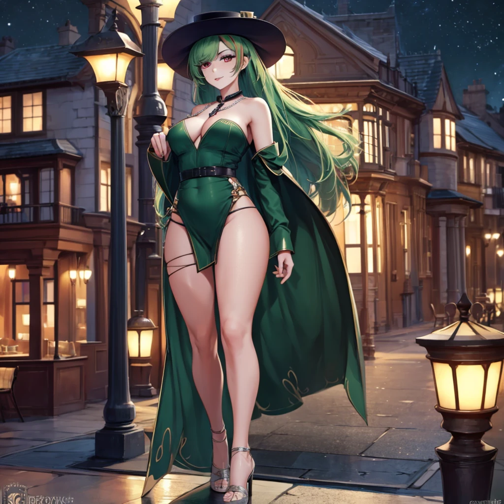 A woman wearing a dark green dress, sophisticated dress, wearing a green madam's hat, long hat, green heels, big breasts, emerald necklace, red eyes, green hair, long hair, red bangs, multicolored hair, walking on a sophisticated sidewalk European, European house in the background, sophisticated lamp post, night place, perfect lighting, European aesthetics..(solo woman) ,UHD , prime work , accurate , anatomically correct , textured skin , super details , high quality , best quality, 8k, high resolution, bokeh effect, close view,