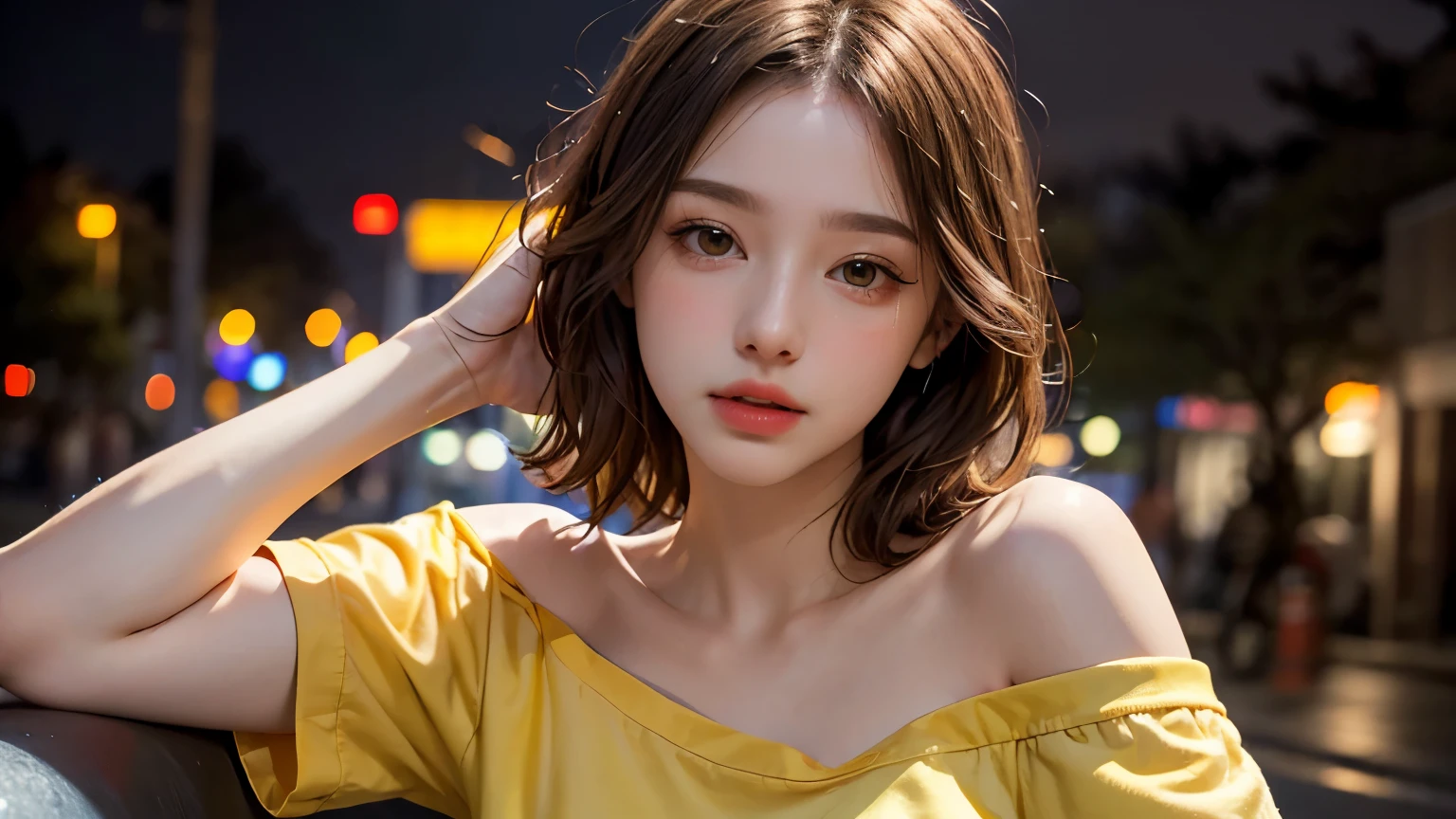 He is colorful, Oversized yellow t-shirt.., Highest quality, masterpiece, Ultra-high resolution, (Realistic:1.4), RAW Photos, One Girl, Off the shoulder, In the Dark, Deep Shadow, Moderate, Night Alley, short hair, roadside, Sitting,  20-year-old,Cute Face, Tight shirt,(head shot:1.5)