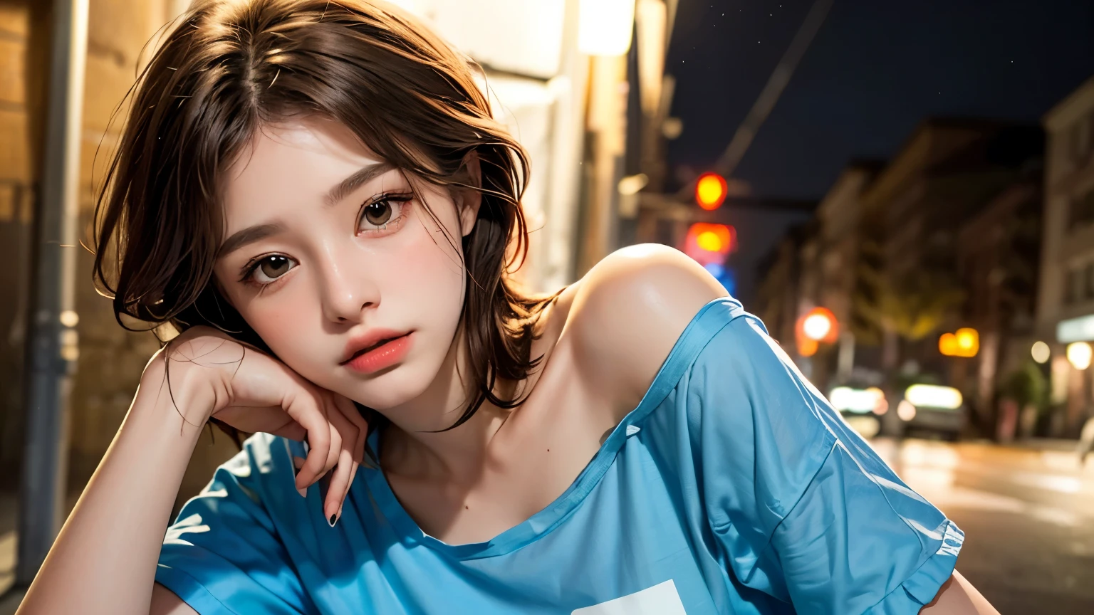 He is colorful, Oversized yellow t-shirt.., Highest quality, masterpiece, Ultra-high resolution, (Realistic:1.4), RAW Photos, One Girl, Off the shoulder, In the Dark, Deep Shadow, Moderate, Night Alley, short hair, roadside, Sitting, 20-year-old,Cute Face, Tight shirt,(head shot:1.5)