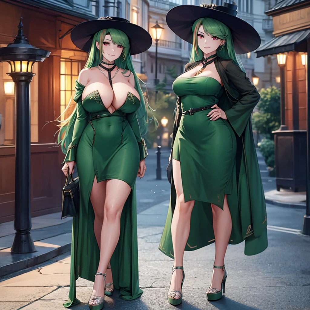 A woman wearing a dark green dress, sophisticated dress, wearing a green madam's hat, long hat, green heels, big breasts, emerald necklace, red eyes, green hair, long hair, red bangs, multicolored hair, walking on a sophisticated sidewalk European, European house in the background, sophisticated lamp post, night place, perfect lighting, European aesthetics..(solo woman) ,UHD , prime work , accurate , anatomically correct , textured skin , super details , high quality , best quality, 8k, high resolution, bokeh effect, close view,
