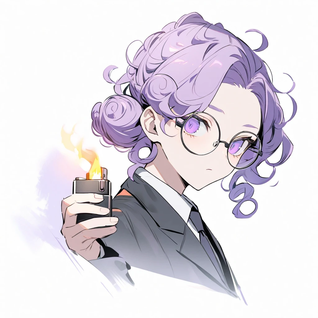 Man in suit with curly hair parted elegantly like a lock,purple hair In a bun with very curly ends ,black suit,Lighter purple eyes, with round glasses