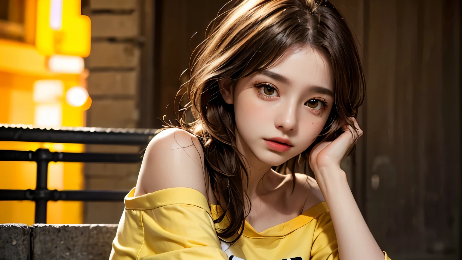He is colorful, Oversized yellow t-shirt.., Highest quality, masterpiece, Ultra-high resolution, (Realistic:1.4), RAW Photos, One Girl, Off the shoulder, In the Dark, Deep Shadow, Moderate, Night Alley, short hair, roadside, Sitting, 20-year-old,Cute Face, Tight shirt,(head shot:1.5)