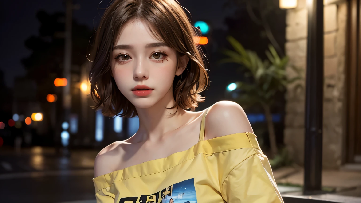 He is colorful, Oversized yellow t-shirt.., Highest quality, masterpiece, Ultra-high resolution, (Realistic:1.4), RAW Photos, One Girl, Off the shoulder, In the Dark, Deep Shadow, Moderate, Night Alley, short hair, roadside, Sitting, 20-year-old,Cute Face, Tight shirt,(head shot:1.5)
