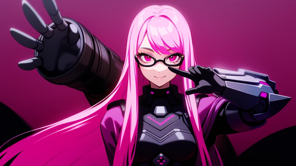 Smiling girl with long pink hair and black prescription glasses pink eyes black outfit cyberpunk scenery