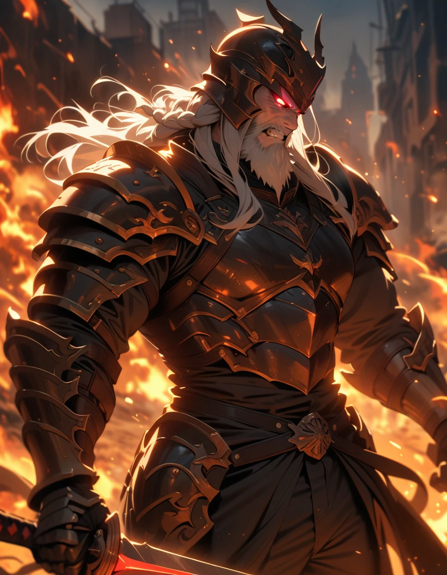 ((best quality)) , ((masterpiece)) , (detailed)，weapon, armor, holding, long hair, facial hair, glowing eyes, 1boy, male focus, holding weapon, glowing, sword, outdoors, helmet, braid, teeth, fire, shoulder armor, pants, grey hair, beard, bangs, holding sword, muscular male, white hair