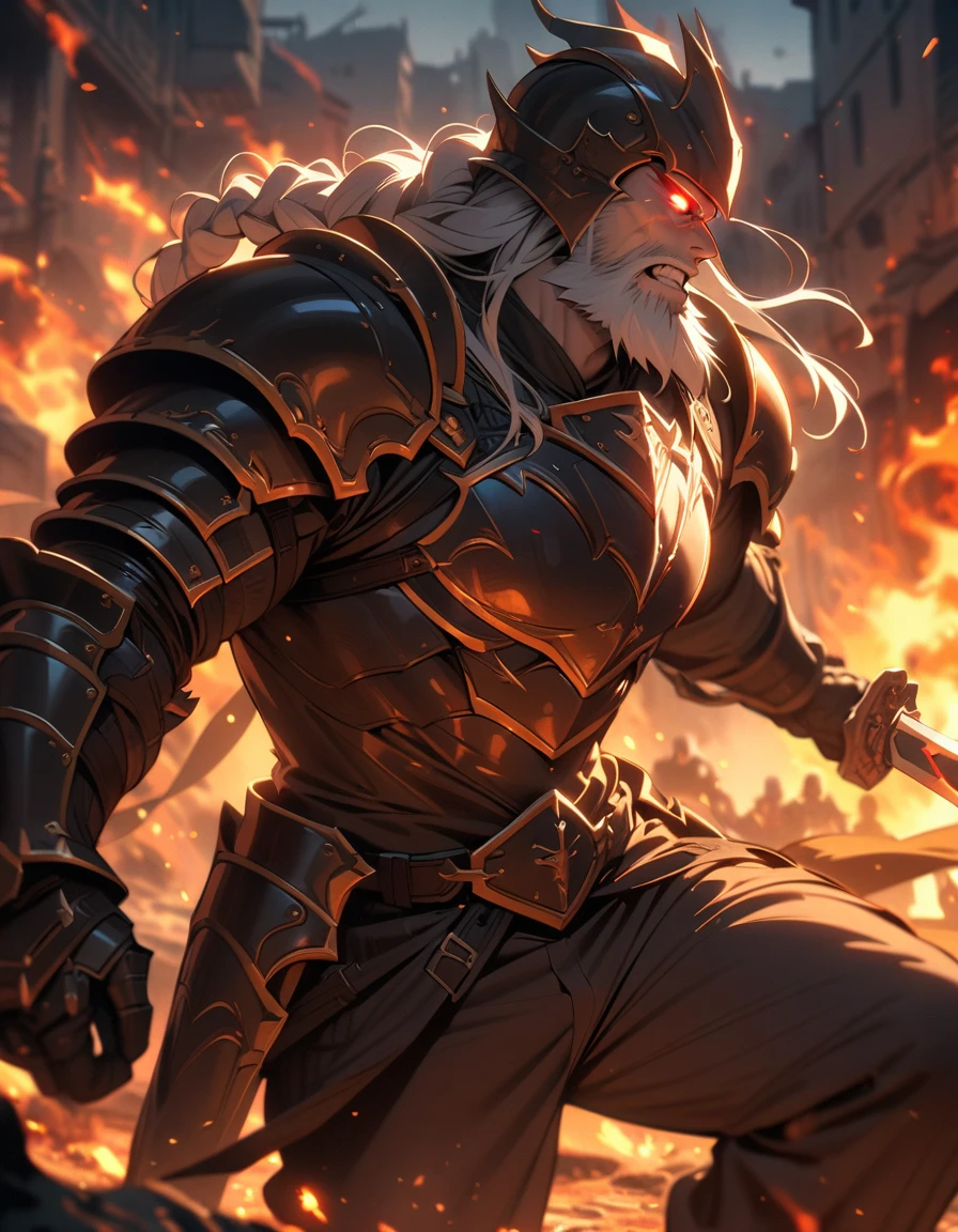 ((best quality)) , ((masterpiece)) , (detailed)，weapon, armor, holding, long hair, facial hair, glowing eyes, 1boy, male focus, holding weapon, glowing, sword, outdoors, helmet, braid, teeth, fire, shoulder armor, pants, grey hair, beard, bangs, holding sword, muscular male, white hair