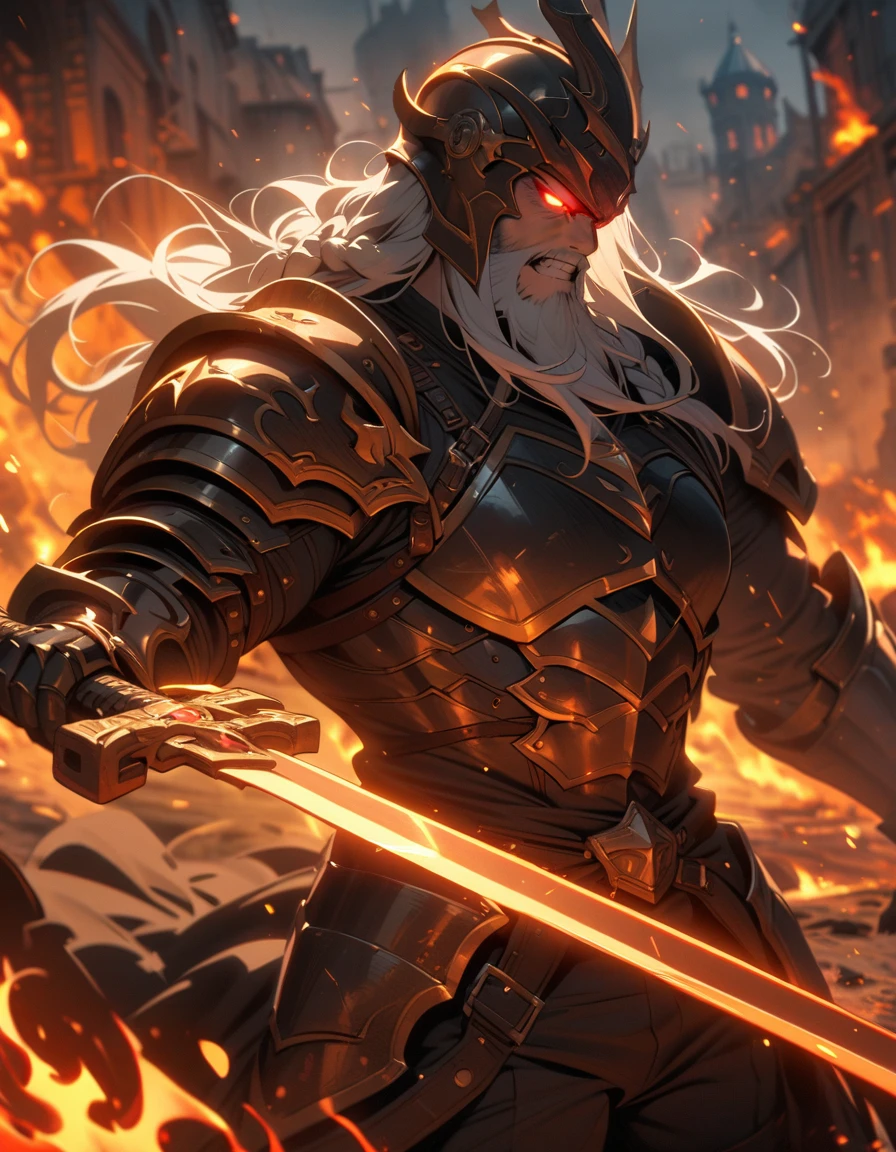 ((best quality)) , ((masterpiece)) , (detailed),weapon, armor, holding, long hair, facial hair, glowing eyes, 1boy, male focus, holding weapon, glowing, sword, outdoors, helmet, braid, teeth, fire, shoulder armor, pants, grey hair, beard, bangs, holding sword, muscular male, white hair
