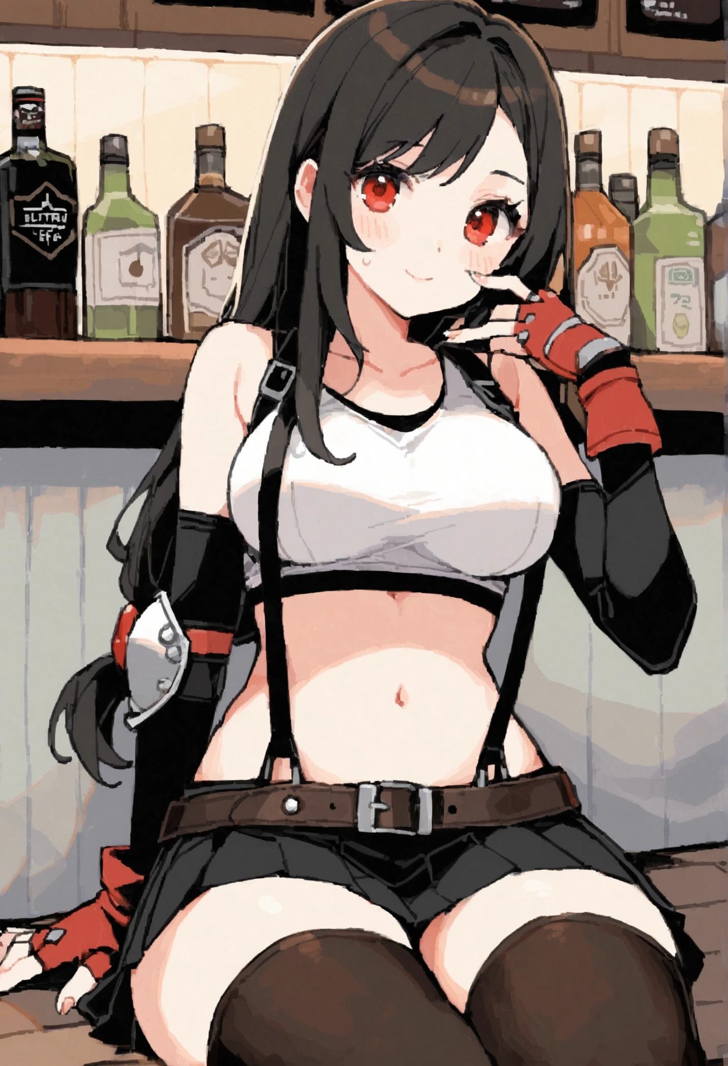 score_9, score_8_up, score_7_up,  (best quality), masterpiece,perfect anatomy,(aesthetic,very aesthetic),tegaki,illustration,ultra-high resolution, 1girl, tifa lockhart, final fantasy,(beautiful woman).tareme, black hair, low-tied long hair, red eyes, bangs, white tank top,gap, belt, pleated skirt, thighhighs, elbow fingerless gloves, elbow pads, midriff, navel,suspender skirt.zettai ryouiki ,from front,(feet view),,(large_breasts),Solo,mediumshot,looking_at_viewer,,,sitting,cafe and bar, ,Framin,(Composition)