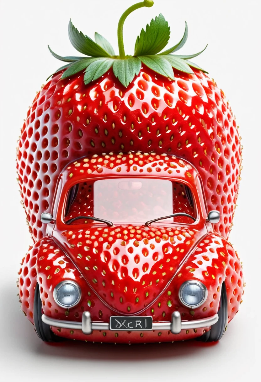 strawberry shaped like a car , textured strawberry red skin, solo, very detailed, 4k, masterpiece, morph, subject, 8k, high quality, The surface of the strawberry is dotted with numerous small seeds and has a bright red color, which is typical for ripe strawberries, White Background,strwbrrxl, ral-strawberryjam
