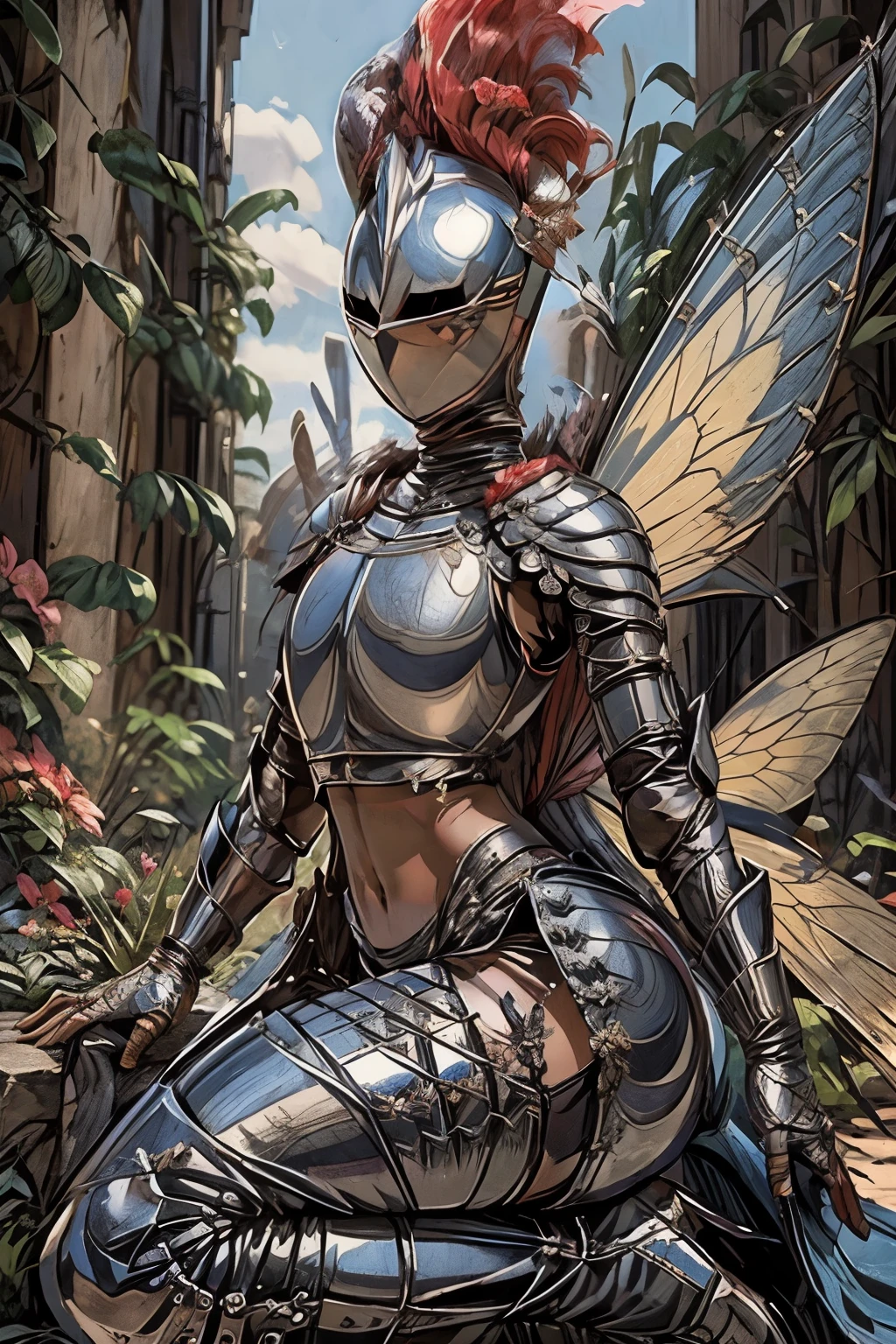 masterpiece, best quality, butterfly wings, (full body, full armor), kardiaofrhodes, helmet, plume, gauntlets, thighhighs, navel, breastplate, thighhighs, wide hips, (queen of fairy, with ornaments and flowers on top, high heel)